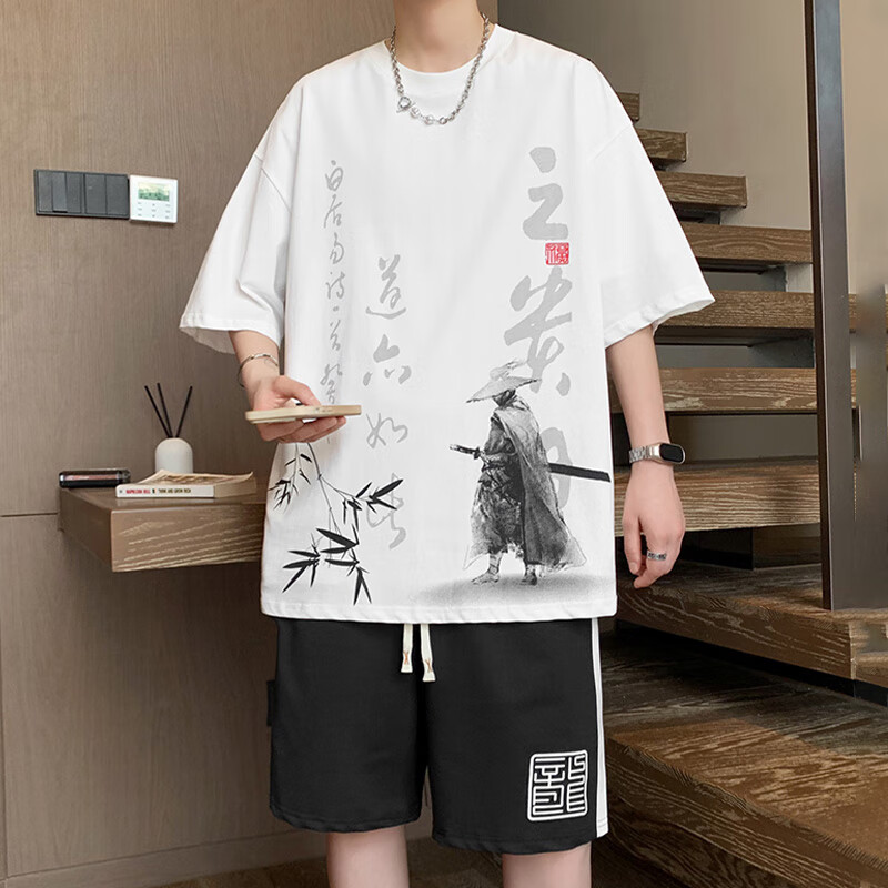 列迅中国风短袖t恤男套装夏季宽松休闲运动短裤男一套搭配青少年衣服 T5811白色套装 M 约100-125斤可穿