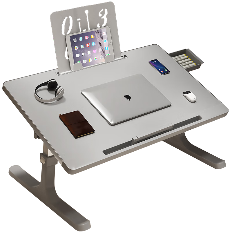 益威（EIEV）床上電腦桌書(shū)桌可折疊小桌子筆記本支架懶人可升降宿舍學(xué)生飄窗桌 雅灰-卡槽+防滑托+閱讀架+抽屜丨60*40cm
