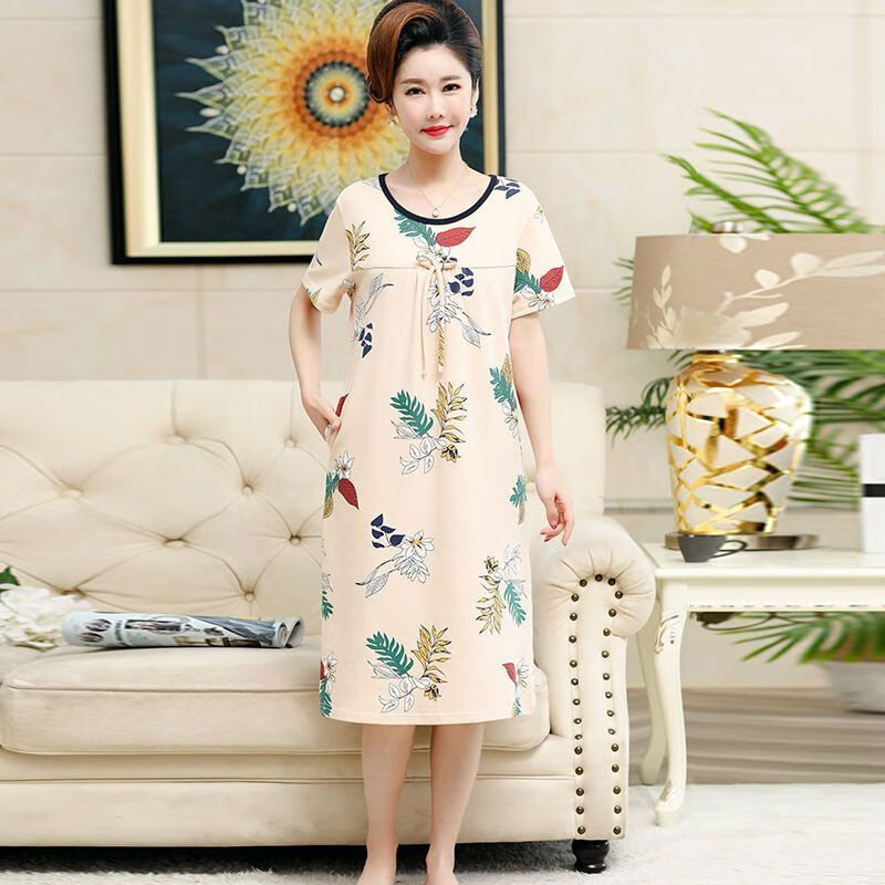 刚拓者(gangtuozhe)棉绸连衣裙中年妇女矮个子莲衣群夏季中年妈妈女