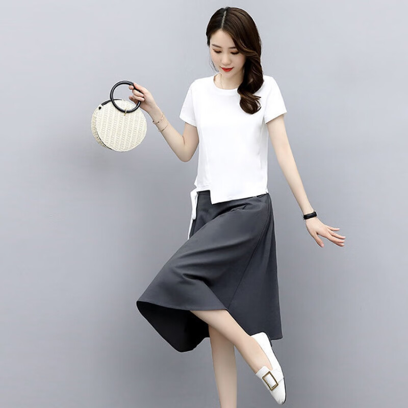 套装短袖女装2020新款夏季潮韩版大码宽松裙子套装 白+灰 套装 2XL 115-130