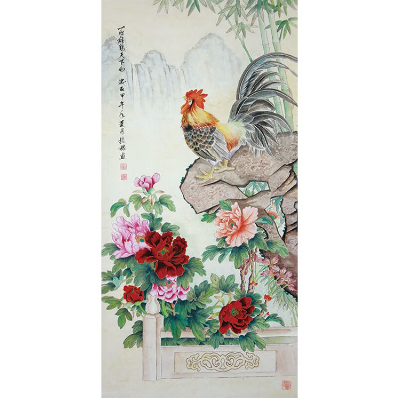 出写金鸡报晓画 金鸡报晓大公鸡大吉图富贵吉祥牡丹太阳卷轴画书房客