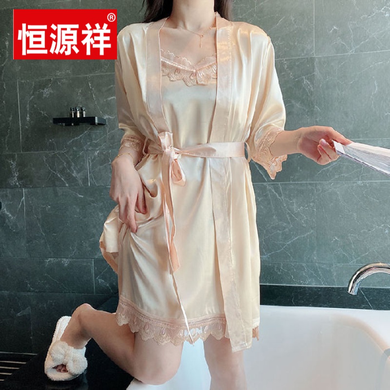 睡衣裙冰丝性感极度诱惑裸睡裙花边丝绸女士睡袍家居服可外穿 米白色