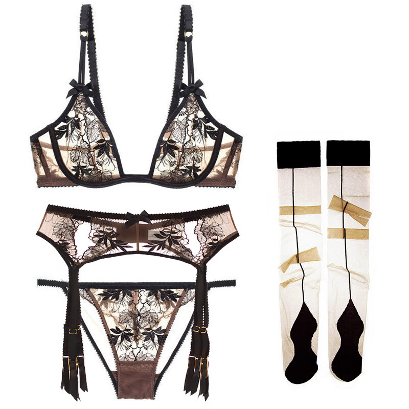 花芯珠吊带袜四件套法式性感蕾丝刺绣u形杯有钢圈细带三角八爪吊袜带
