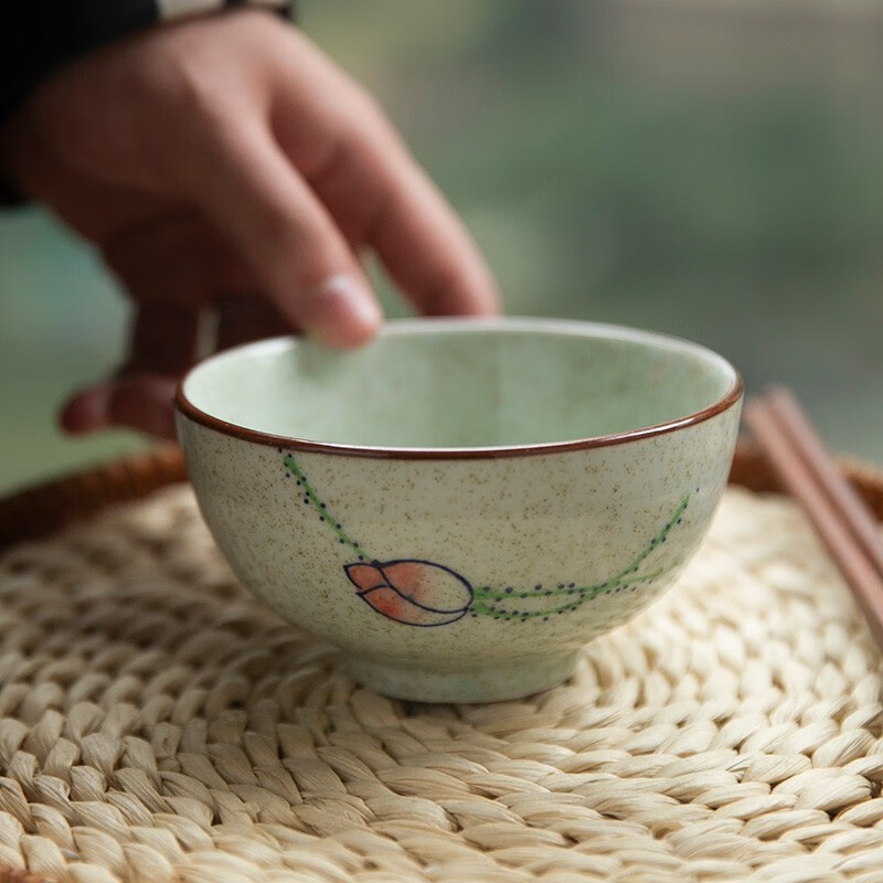 和风四季中式复古陶瓷釉下彩餐具米饭碗家用小汤碗零食碗手绘餐具碗高脚碗 4.5英寸复古一朵小荷花饭碗300ml