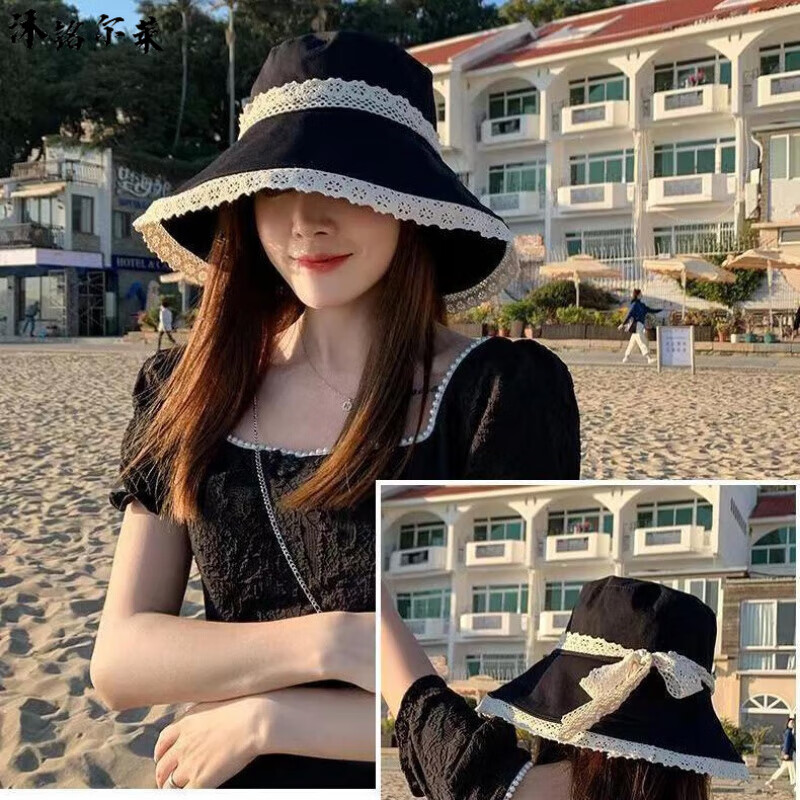 沐銘爾萊女士庶陽帽大檐漁夫帽女蕾絲韓版百搭潮遮臉夏季薄款透氣太陽帽防曬遮陽帽子 黑色