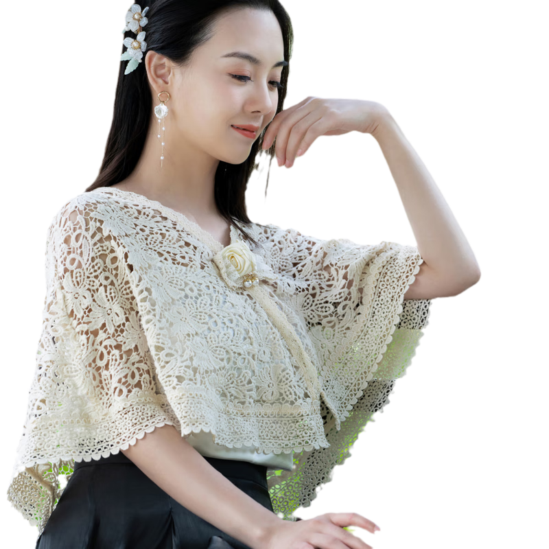 逸福中式旗袍披肩V領(lǐng)斗篷外套蕾絲鏤空薄款開(kāi)衫優(yōu)雅復(fù)古中國(guó)風(fēng)春秋 米白色披肩 S