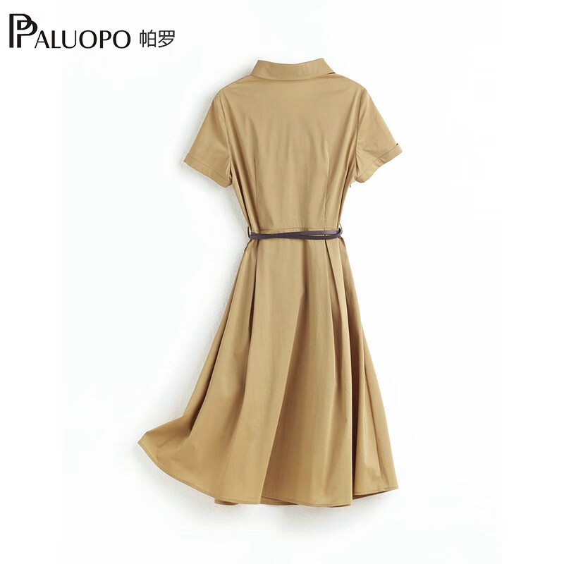 帕罗（PALUOPO）连衣裙短袖衬衫领中长款夏季气质显瘦棉混纺百搭女装新款 卡其 L (165/88A)