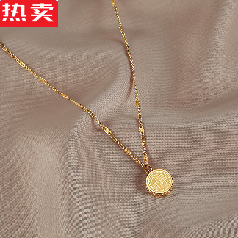 可颖千福年项链福字吊坠女ins网红冷淡风锁骨链简约气质百搭 颈链 金