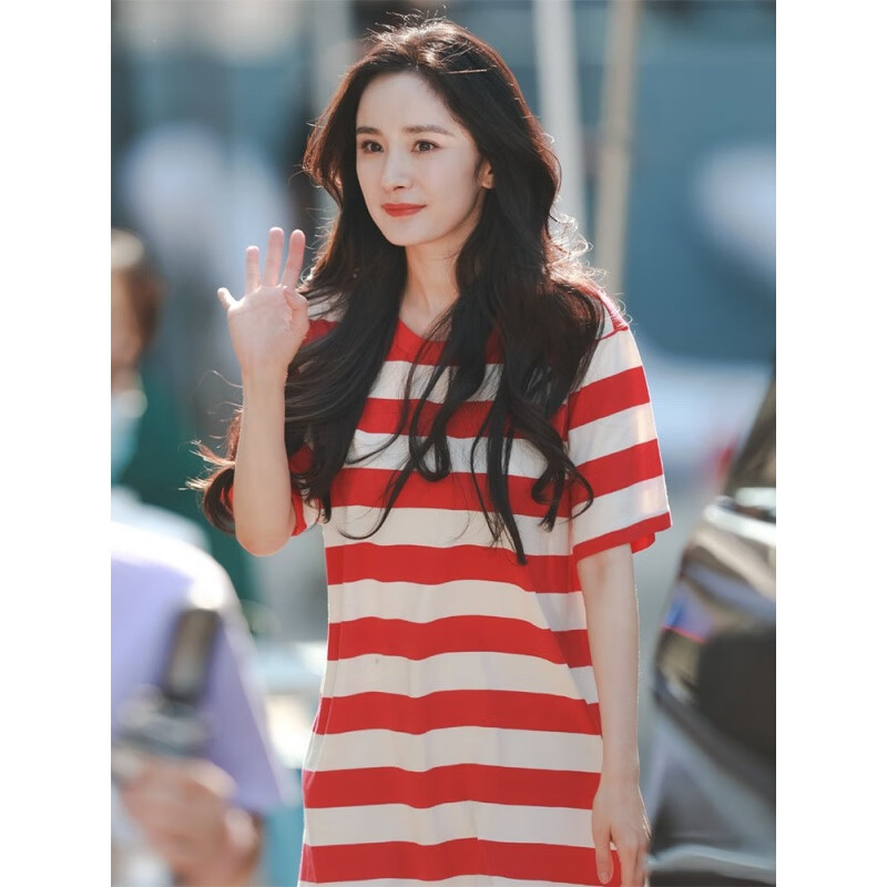 杨幂明星同款红白条纹短袖t恤女韩版宽松中长款式穿搭上衣夏季 条纹 s