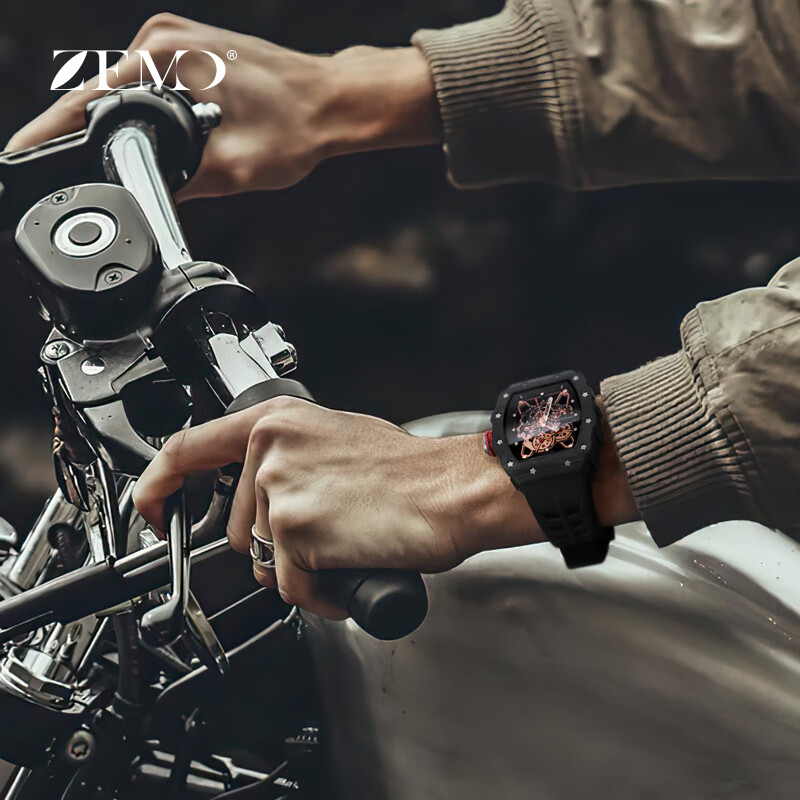 ZEMO男士手表十大品牌查理德镂空全自动机械表瑞士米勒轻奢防水名表男 酷黑橡胶带 超轻耐磨碳纤维
