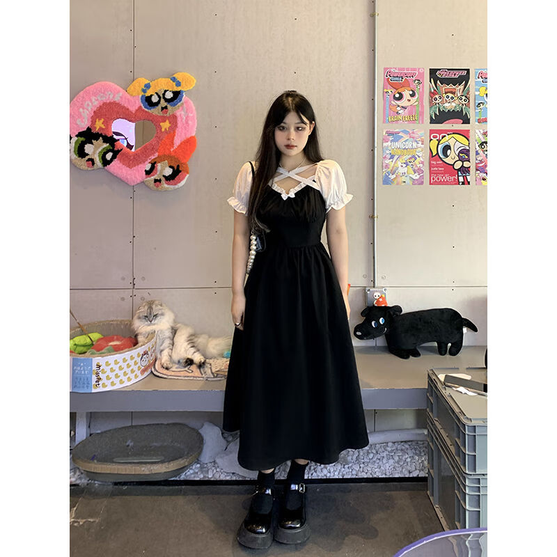 yzyo裙子夏天微胖长裙大妈款连衣裙中年气质大码女装蝴蝶结方领连衣裙