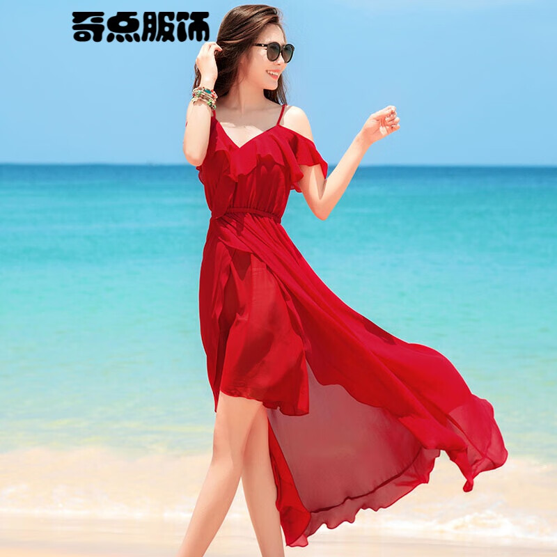 巴厘岛大红色沙滩裙海边度假仙雪纺白色吊带裙女夏长裙连衣裙长款 红色 M
