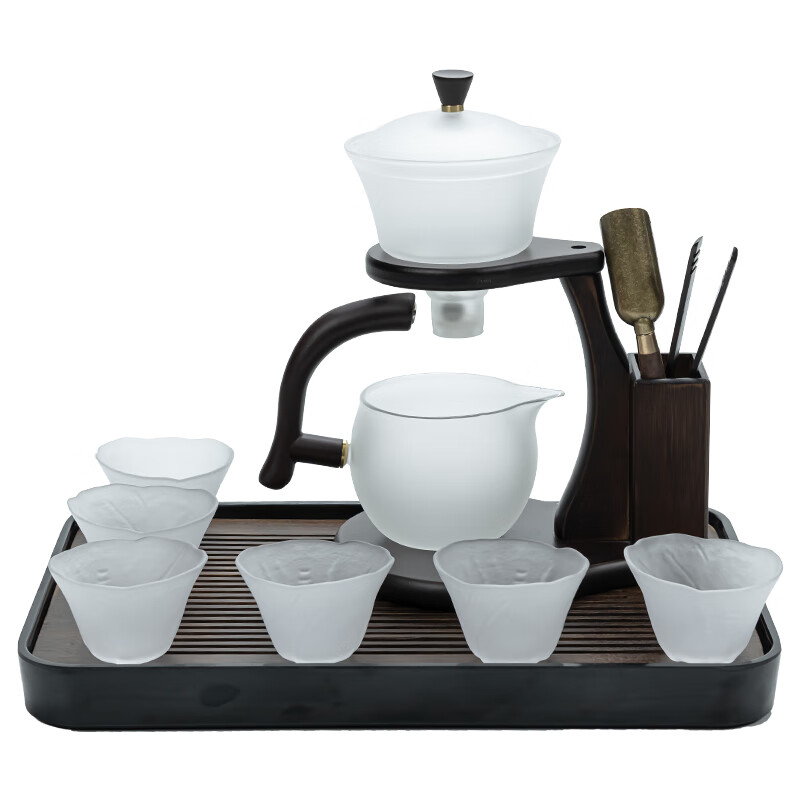 正扬云雾玻璃自动茶具套装家用功夫泡茶壶锤纹耐热懒人磁吸秒出水茶盘 云雾楼阁+6吉祥杯