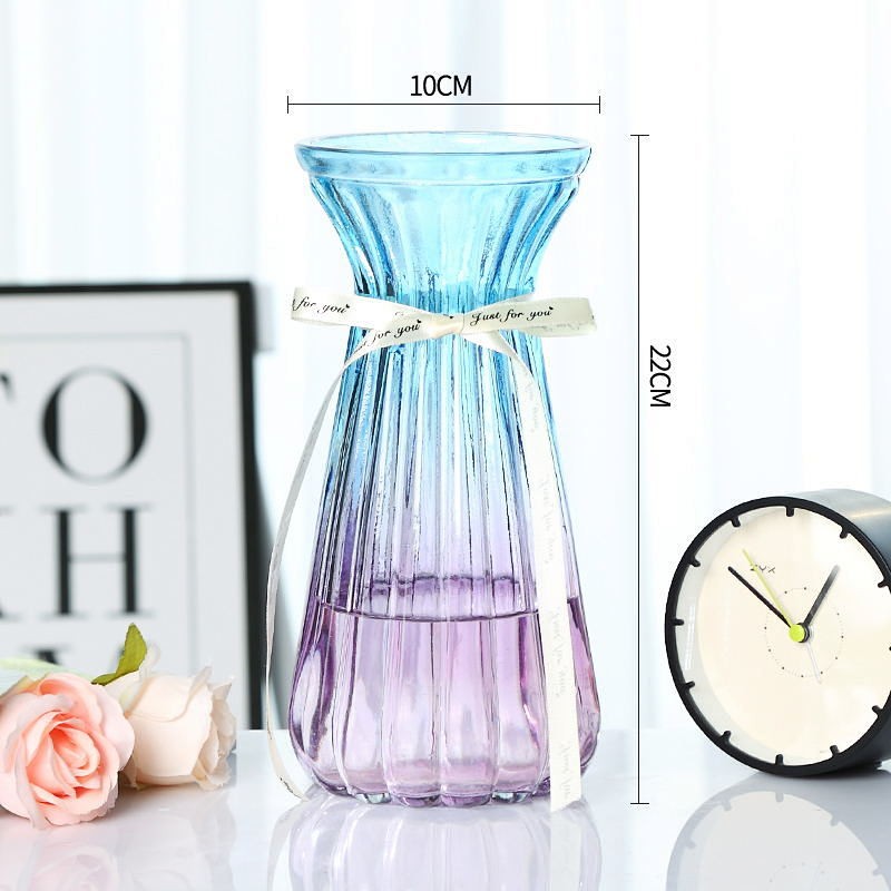 两件套】北欧玻璃小花瓶透明彩色水培植物干花欧式客厅插花摆件 22cm束腰蓝紫色2个