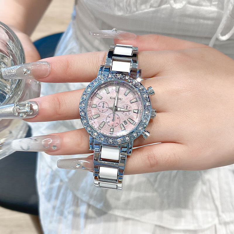 凯度（GAIDU）轻奢小众手表正品名牌时尚机械风镶钻陶瓷大表盘女士石英表礼物 陶瓷粉（送高档礼盒套装）