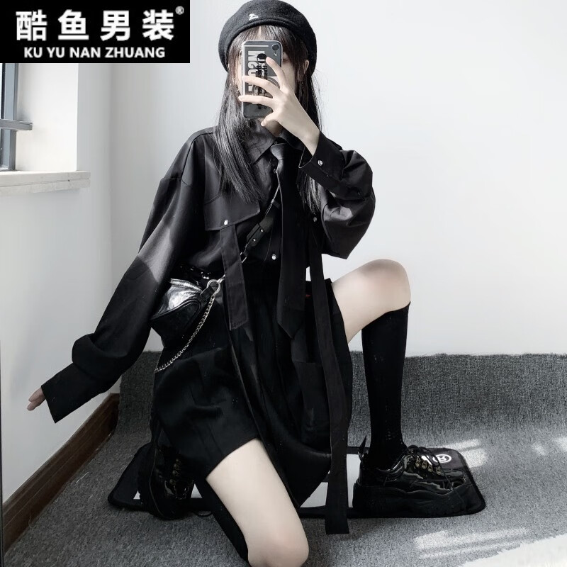 暗黑日系酷女孩穿搭风格帅气jk制服女装长袖套装上衣服黑暗裙子潮
