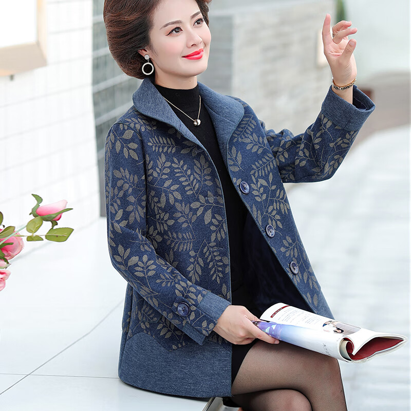 窈欣妈妈装毛呢外套春秋中老年女装秋装50岁秋季衣服的 藏青 l