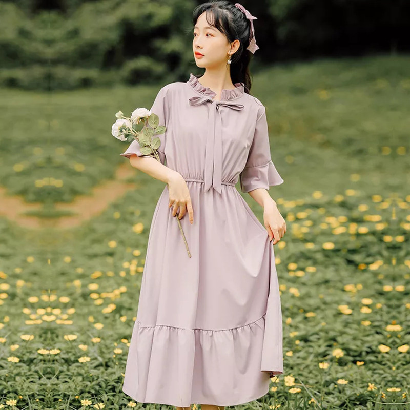 女生长裙夏季学生及脚踝初高中大学生夏天穿的连衣裙长款过膝黄色女