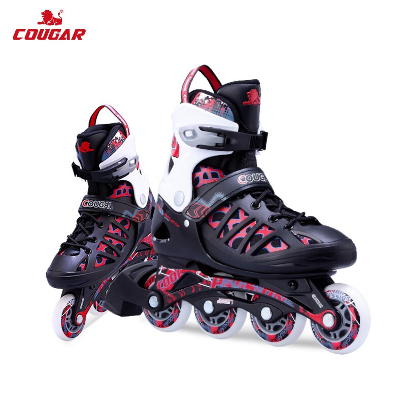 美洲狮(COUGAR )成人可调码数轮滑鞋直排轮溜冰鞋 黑红L码