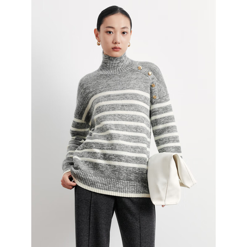 太平鸟女装无缝一体假两件拼色软糯半高领毛衣经典条纹针织衫合集 灰色条纹经典针织衫 M