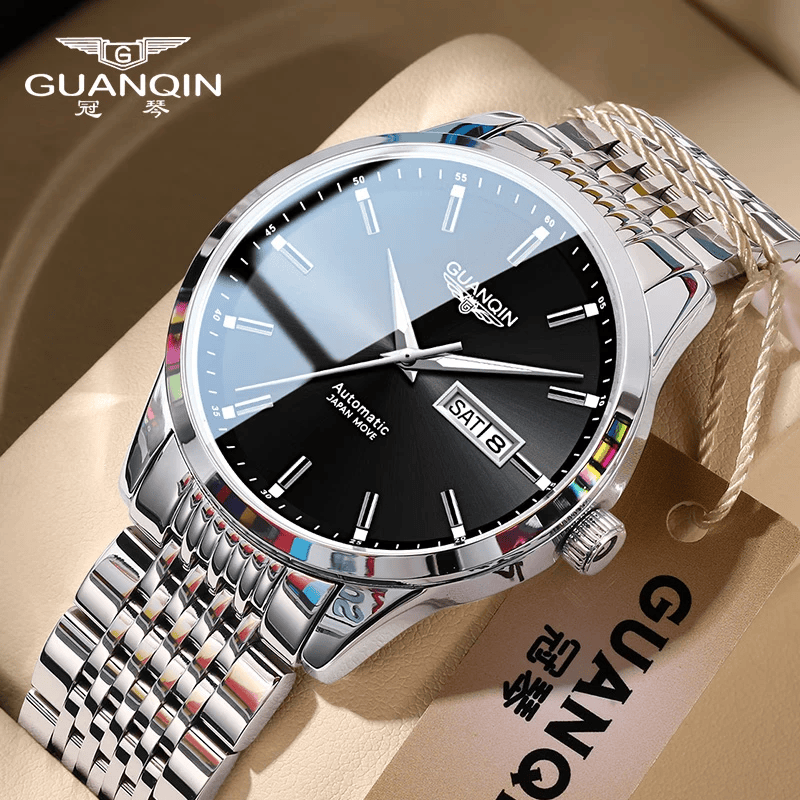 冠琴（GUANQIN）名表十大品牌手表男士商务全自动机械表男表夜光防水双日历男士表 进口西鉄城机芯16215精钢黑面