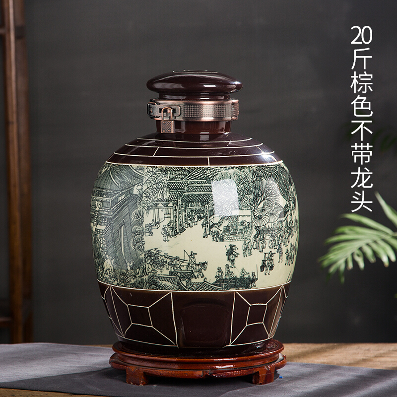 瓷小奴景德鎮(zhèn)陶瓷酒壇子10斤20斤30斤50斤仿古彩繪家用密封釀酒缸小酒瓶 20斤墨彩清明上河圖不帶龍頭