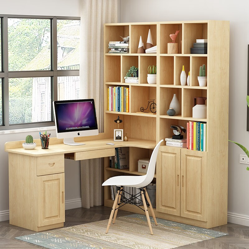 全实木电脑台式桌子电脑桌书柜书桌一体卧室写字桌转角书桌书架组合 a