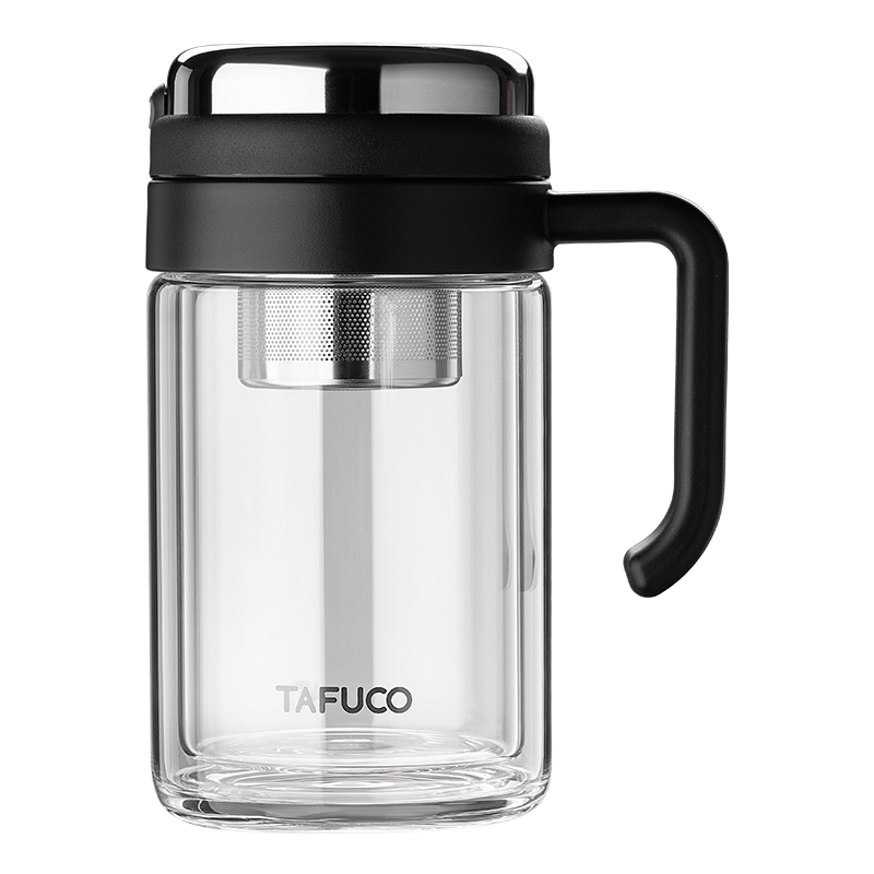 泰福高（TAFUCO）玻璃杯禮盒裝 茶杯茶水分離大容量水杯子 480ml 騎士黑 T6179
