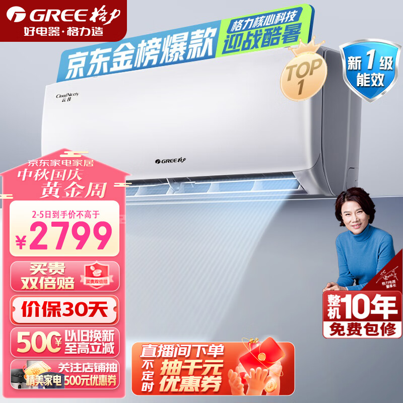 格力（GREE）空调 云佳 大1匹新一级能效 变频冷暖 自清洁 卧室壁挂式空调挂机 KFR-26GW/NhGd1B(含管) 顶(皓雪白