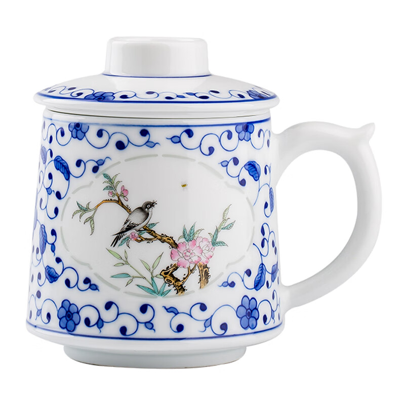 景德故事 景德镇茶杯陶瓷家用过滤玲珑雕刻手绘水杯茶水分离办公泡茶杯 鸟语花香