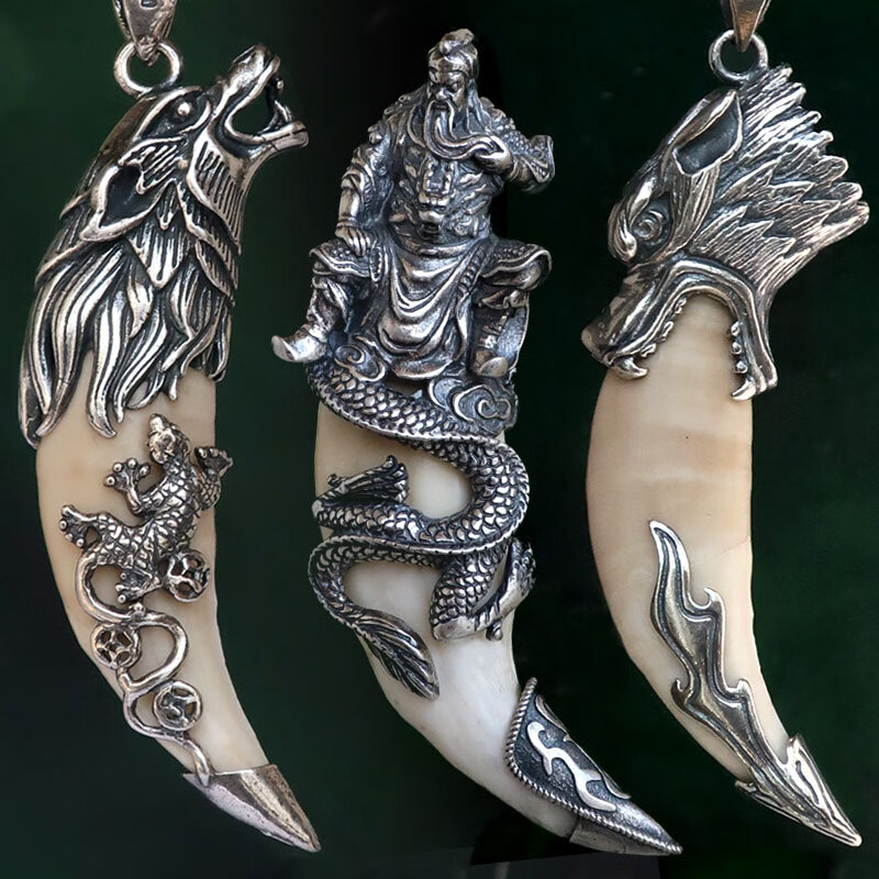 snqp狼牙项链男女银吊坠镶嵌925手工包银藏獒牙情侣生日礼物 默认发a