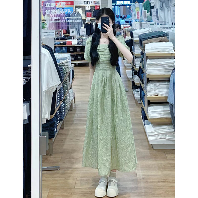 女到脚踝法式气质高个子170收腰及踝提花连衣裙女泡泡 绿色超长款 xs