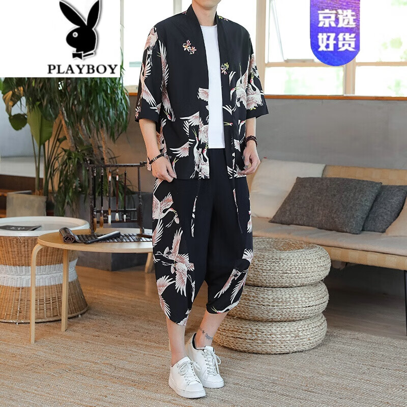 花花公子（PLAYBOY）中国风男装汉服套装仙气佛系夏季外套薄款半袖潮牌复古唐装防晒衣℘ 黑色 L 确认已参考尺码表