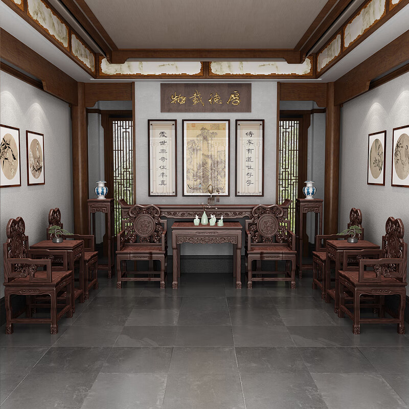 莎庭实木中堂六件套条案供桌农村堂屋中式古典菠萝格仿八仙桌组合灵芝