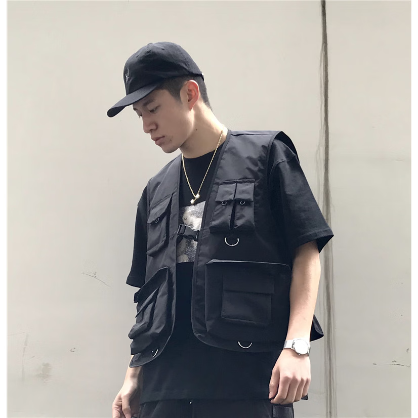 紫策适合秋天穿的男生多口袋日系马甲外穿 潮牌春夏款事二级甲背心男