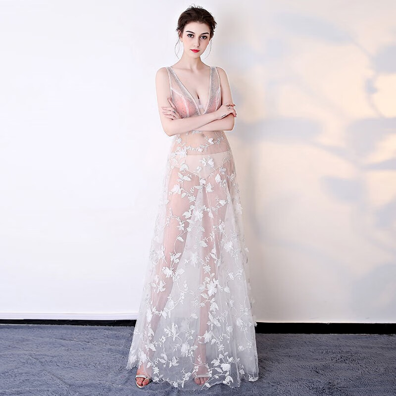 透明纱性感连衣裙蕾丝深v镂空礼服夜总店显瘦小个子旗袍女装公主裙