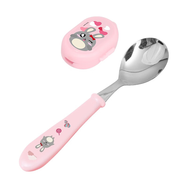 联扣小学生勺子儿童吃饭餐具316不锈钢勺子卡通调羹便携可爱儿童汤勺 【316】树脂柄勺(粉兔)+勺盖