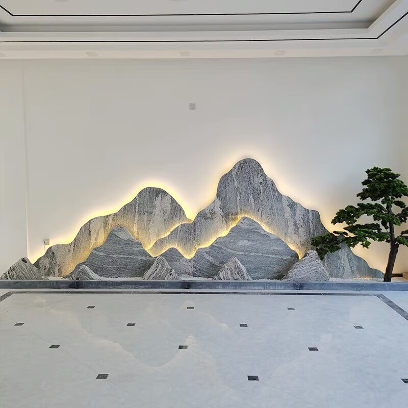 流水影壁墙室外 天然雪浪石切片背景墙中式庭院假山水造景室内外装饰