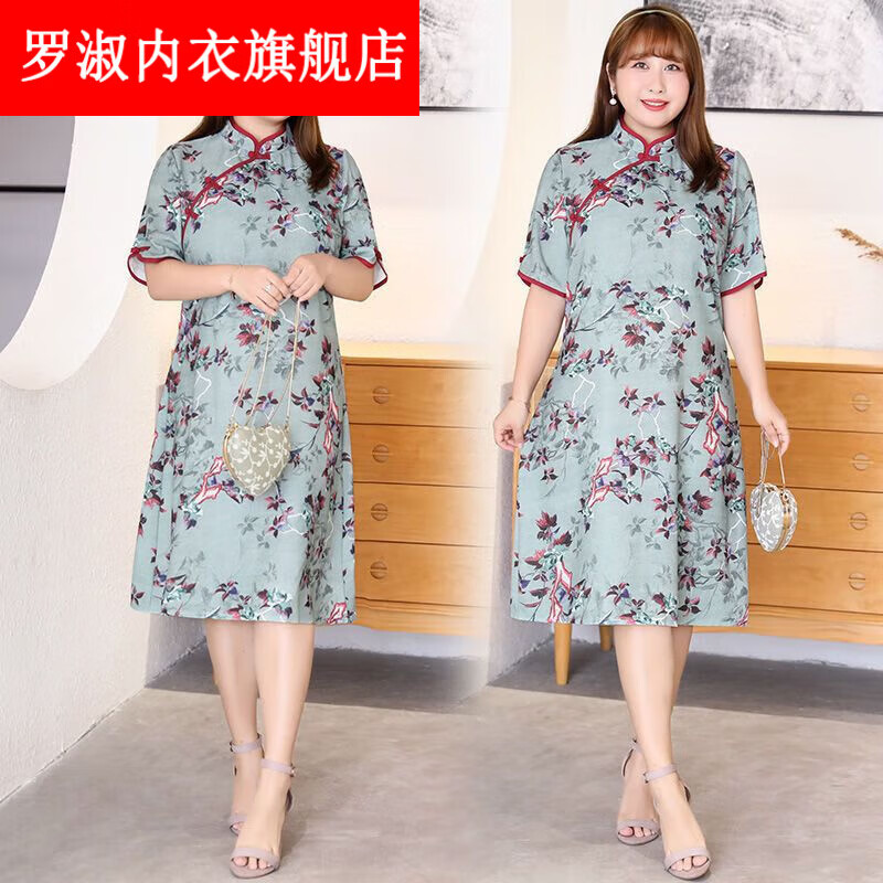 码旗袍斤大码改良的旗袍夏季斤女装夏装胖妹妹复古气 绿色 xl 斤130斤