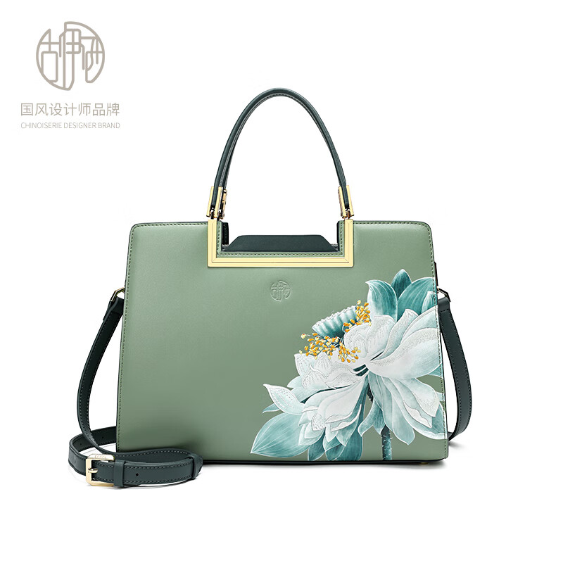 古伊西中国风大气时尚女包手提包生日礼物牛皮包大容量牛皮包印花妈妈包 青瓷+送礼品袋+代写贺卡