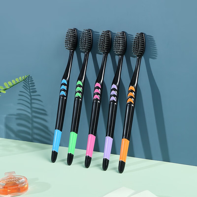 健 清洁竹炭柔顺炭丝软毛牙刷成人家用学生党家庭实惠组合 粉绿紫橘兰 5支 情梳万缕20支装【最实惠】