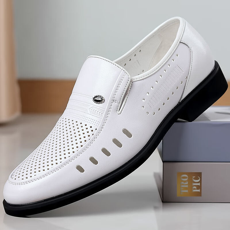 gcr皮鞋男镂空透气凉鞋软皮软底男士商务正装圆头白色休闲鞋 1228白色