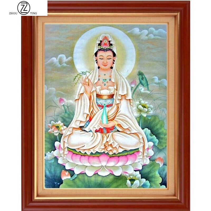 印花十字绣画 观音菩萨像十字绣坐莲观音图 新款佛像客厅观世音 9ct