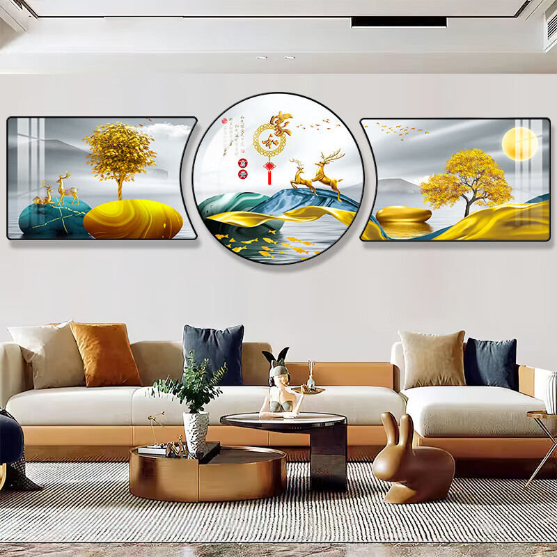 晳叶客厅装饰画福禄双全壁画现代轻奢大气三联画寓意好沙发背景墙挂画