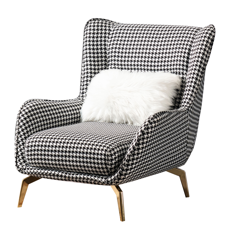牧席 沙发单人位千鸟格轻奢北欧布艺沙发现代简约单人沙发客厅意式极简老虎椅懒人沙发 2椅1桌-黑金茶几【颜色备注】