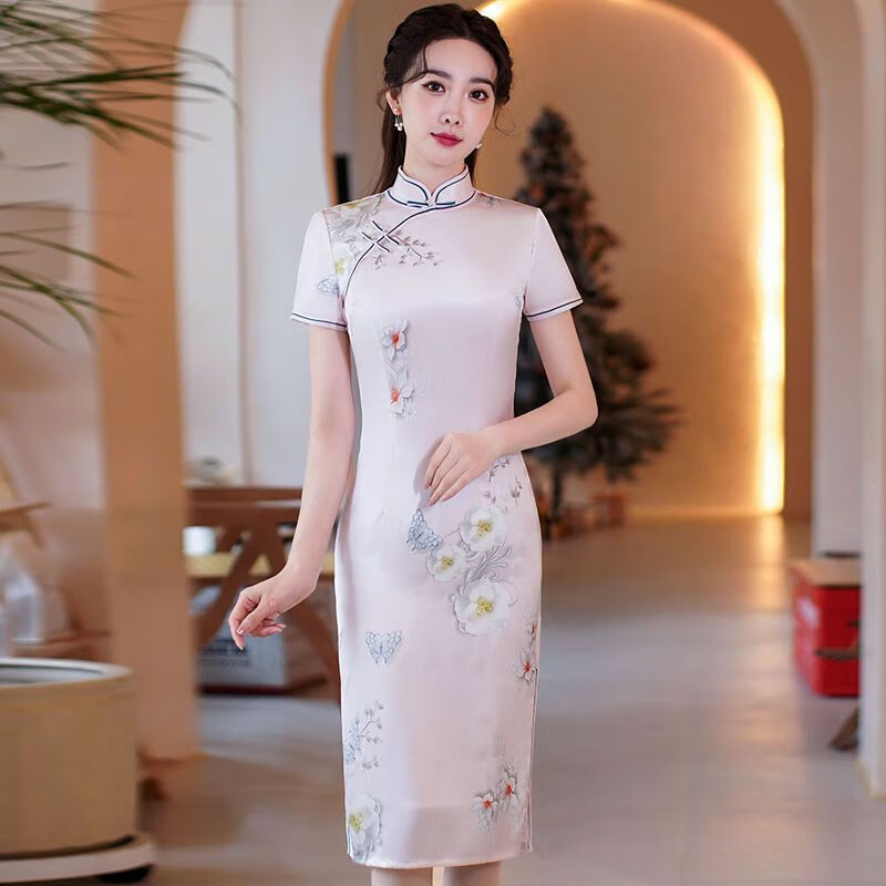 罗蒙（ROMON）旗袍2023夏季新款改良版旗袍女妈妈装高档丝绸中长款旗袍连衣裙女 789-粉色 M_[建议85-95斤左右]高性价比高么？