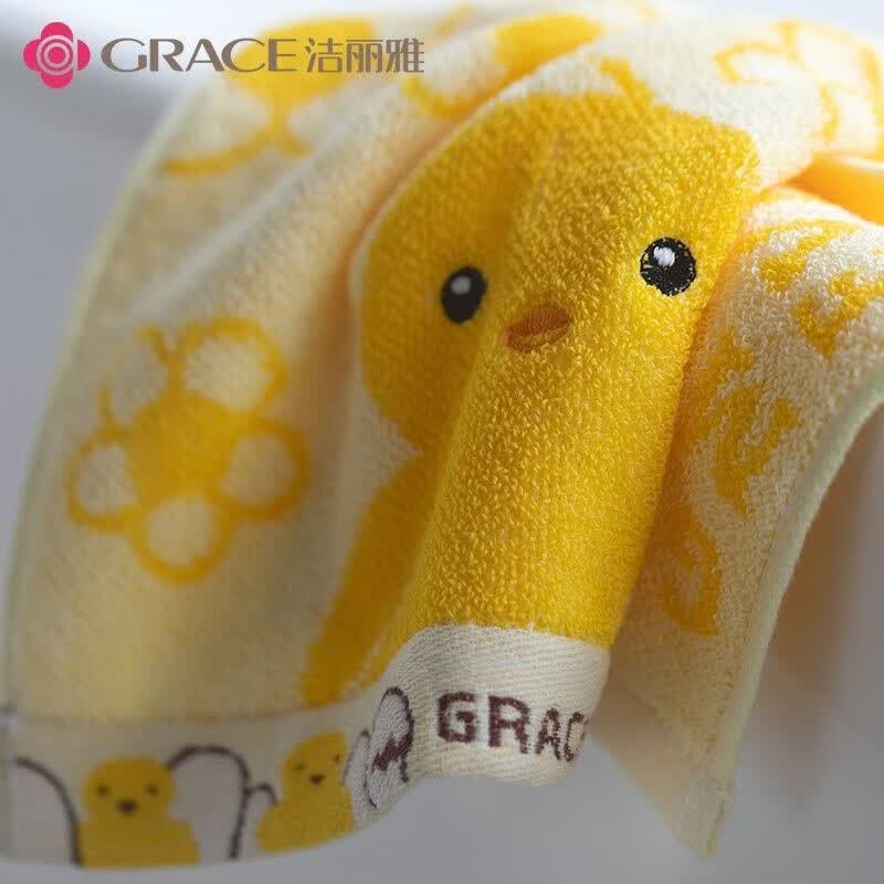 洁丽雅（grace）4条装A类儿童毛巾纯棉卡通吸水毛巾洗脸面巾中巾口水巾 【小鸡系列 蓝紫粉黄】4条装