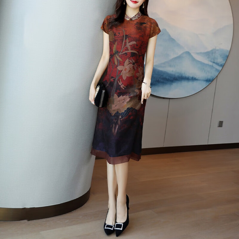 美黛遇蚕素真丝连衣裙遮肉显瘦女装2022年春夏提花修身遮肚女 红色 m