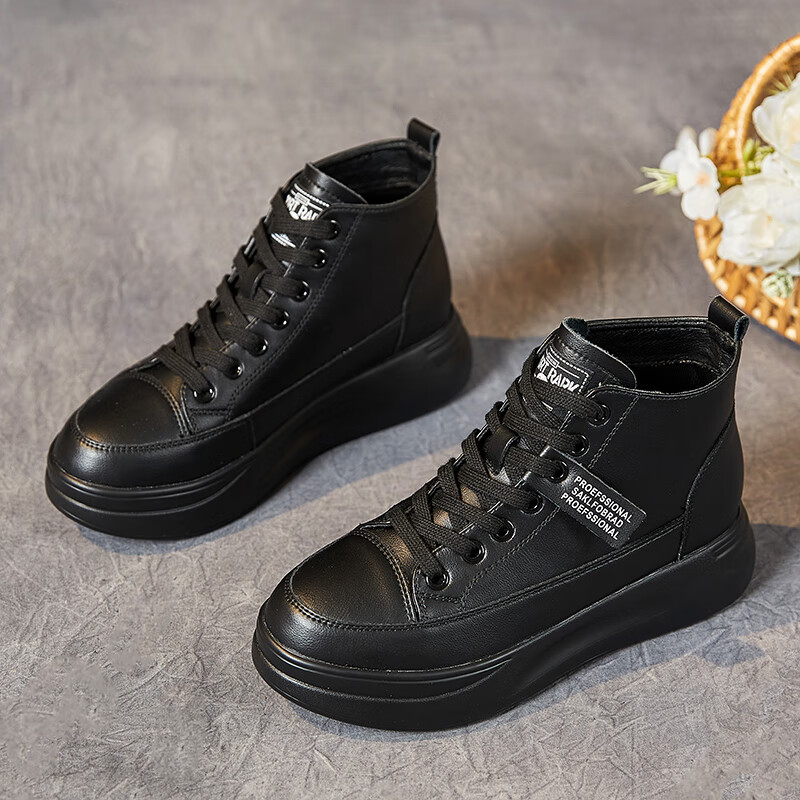 meidilan品牌真皮高帮小黑鞋女2022新款秋季英伦风轻便松糕厚底增高全