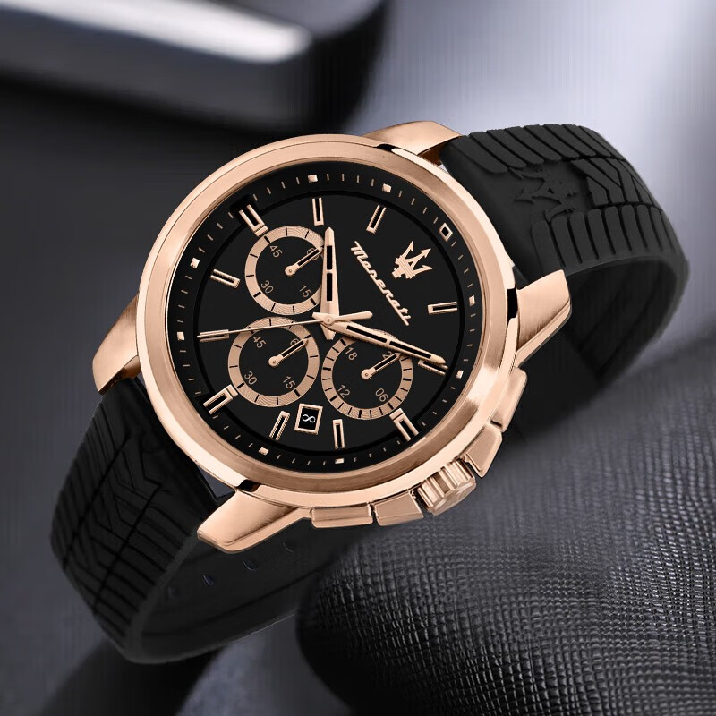 玛莎拉蒂（MASERATI）手表男运动防水三眼计时日历石英表时尚硅胶表带名表圣诞节礼物 城市黑金-R8871621012